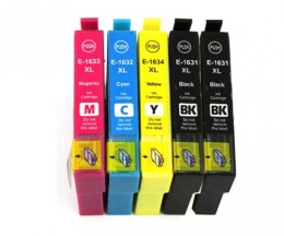 5 Compatible Ink Cartridges, Epson T1631-T1634 / 16 XL Black 17ml + Color 11.6ml