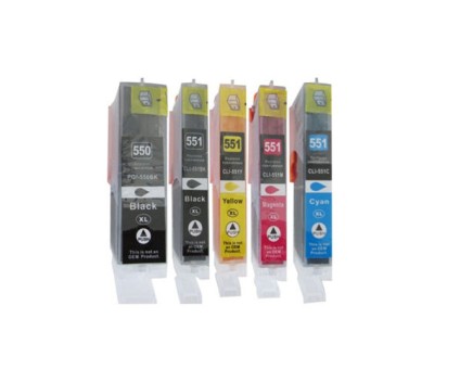 5 Compatible Ink Cartridges, Canon PGI-550 XL / CLI-551 Black 22ml + Color 13ml