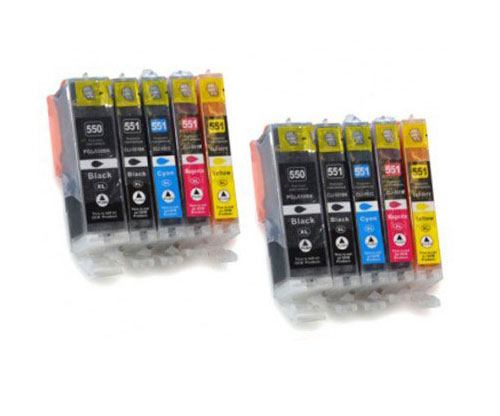10 Compatible Ink Cartridges, Canon PGI-550 XL / CLI-551 Black 22ml + Color 13ml