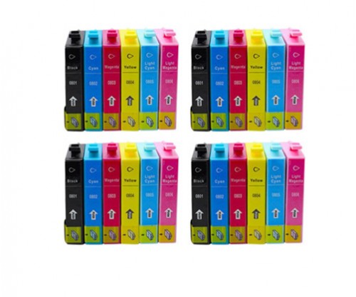 24 Compatible Ink Cartridges, Epson T0801-T0806 Black 13ml + Color 13ml