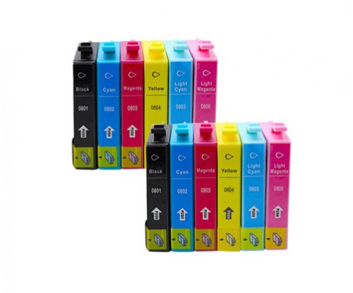 12 Compatible Ink Cartridges, Epson T0801-T0806 Black 13ml + Color 13ml