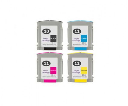 4 Compatible Ink Cartridges, HP 10 Black 69ml + HP 11 Color 28ml