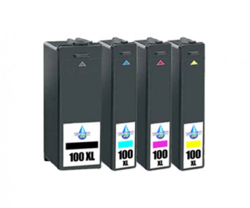 4 Compatible Ink Cartridges, Lexmark 100 XL Black 19ml + Color 12.5ml