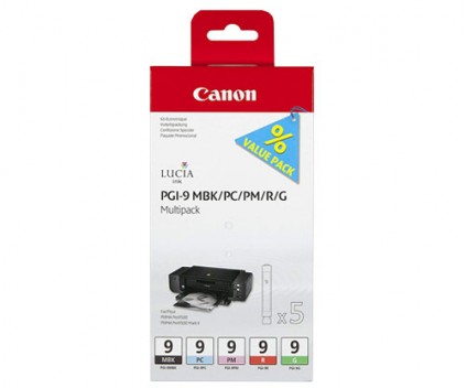 5 Original Ink Cartridges, Canon PGI-9 MBK / LC / LM / R / G 14ml