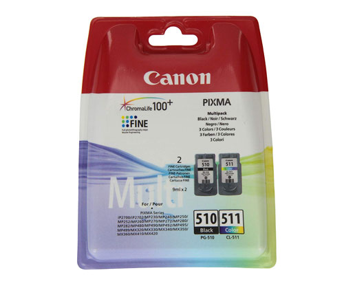 2 Original Ink Cartridges, Canon PG-510 / CL-511 Black 9ml + Color 9ml