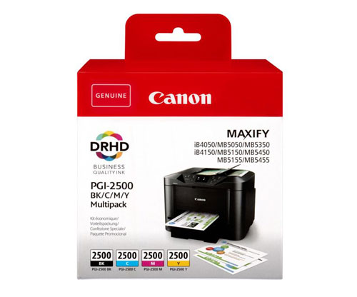 4 Original Ink Cartridges, Canon PGI-2500 Black + Color 71ml / 19ml ~ 2.500 / 1.700 Pages