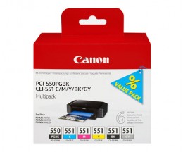 6 Original Ink Cartridges, Canon PGI-550 / CLI-551 Black 15ml + Color 7ml