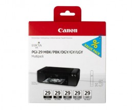 6 Original Ink Cartridges, Canon PGI-29 MBK / PBK / DGY / GY / LGY / CO
