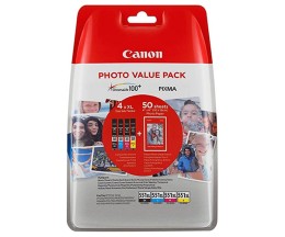 4 Original Ink Cartridges, Canon CLI-551 XL Black 11ml + Color 11ml + Photo Paper