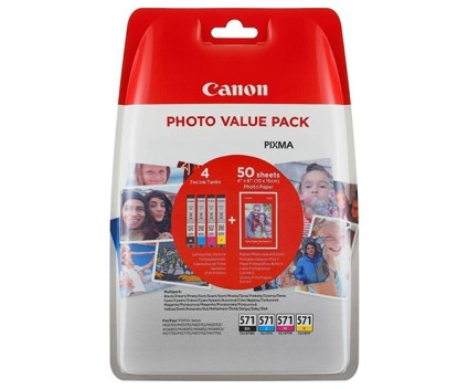 4 Original Ink Cartridges, Canon CLI-571 C / M / Y / PBK + Photo Paper