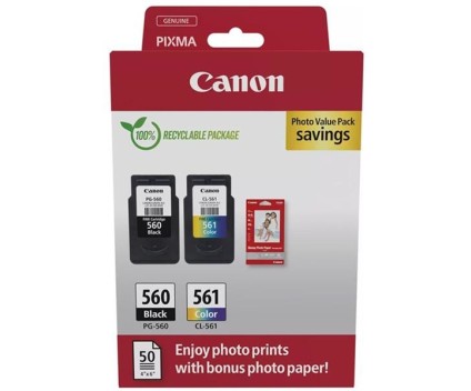 2 Original Ink Cartridges, Canon PG-560 / CL-561 Black 7.5ml + Color 8.3ml + 50 Sheets 10x15cm