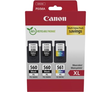 3 Original Ink Cartridges, 2 Canon PG-560 XL Black 14.3ml + 1 CL-561 XL Color 12.2ml