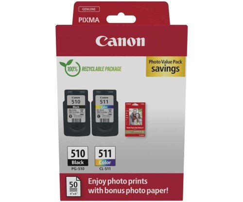 2 Original Ink Cartridges, Canon PG-510 / CL-511 Black 9ml + Color 9ml + Photo Paper