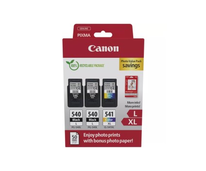 3 Original Ink Cartridges, 2 Canon PG-540 L Black 11ml + 1 CL-541 XL Color 15ml + 50 sheets 10x15cm