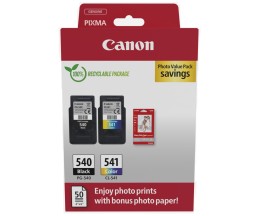 2 Original Ink Cartridges, Canon PG-540 / CL-541 Black 8ml + Color 8ml + 50 sheets 10x15cm