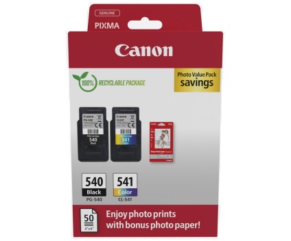 2 Original Ink Cartridges, Canon PG-540 / CL-541 Black 8ml + Color 8ml + 50 sheets 10x15cm