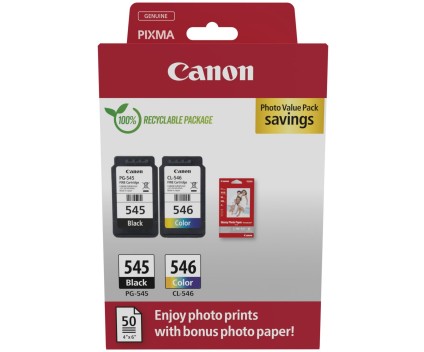 2 Original Ink Cartridges, Canon PG-545 / CL-546 Black 8ml + Color 8ml+ 50 Folhas 10x15cm