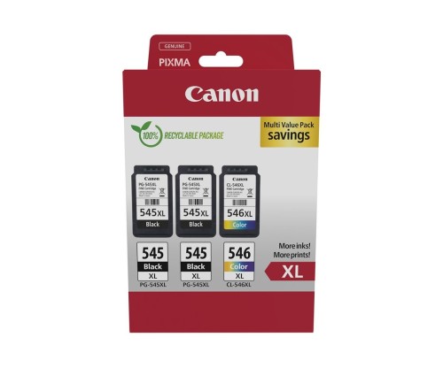 3 Original Ink Cartridges, 2 Canon PG-545 XL Black 15ml + 1 CL-546 XL Color 13ml