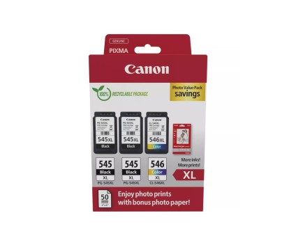 3 Original Ink Cartridges, 2 Canon PG-545 XL Black 15ml + 1 CL-546 XL Color 13ml + 50 Sheets 10x15cm