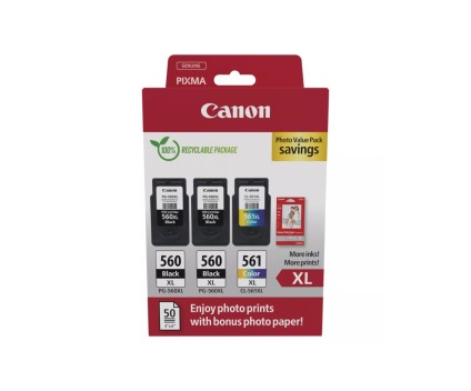 3 Original Ink Cartridges, 2 Canon PG-560 XL Black 14.3ml + 1 CL-561 XL Color 12.2ml + 50 sheets 10x15cm