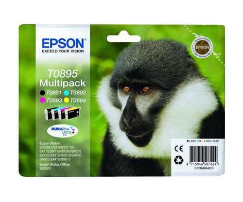 4 Original Ink Cartridges, Epson T0895 / T0891-T0894 Black 5.8ml + Color 3.5ml